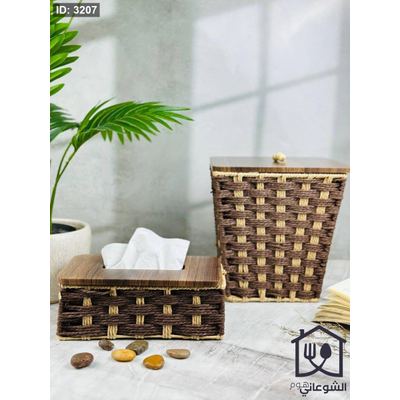 طقم سلة مع علبة محارم قش مبطن غطاء خشب مربع