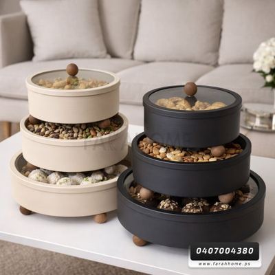 طقم علب تقديم - حفظ حلويات معدن مع غطاء زجاج وارجل خشبية 3 قطع