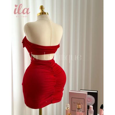 فستان احمر برسم الظهر OFF SHOULDER