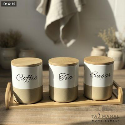 طقم 3 علب سيراميك مع قاعدة من خشب البامبو