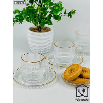 طقم فناجين / كاسات شاي شفاف مع حز ذهبي