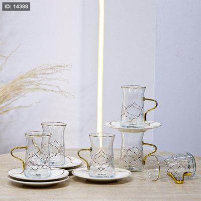 طقم كاسة شاي 6/6 زجاج سادة مرسم يد ذهبي متكة بورسلان 4907-6M-1954-1G ++ع.ج