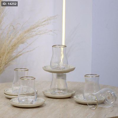 طقم كاسة شاي 6/6 زجاج سادة بعنق متكة بورسلان بيج YS02-6/S-KHAKI ++و