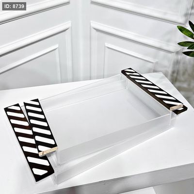 طقم صواني/2 مستطيل اكرلك شفاف بيدين بني محفر ابيض SM157/7 =ط8