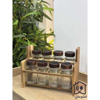 طقم 8 مرتبانات / علب بهار زجاج دائري مع غطي وستاند خشب