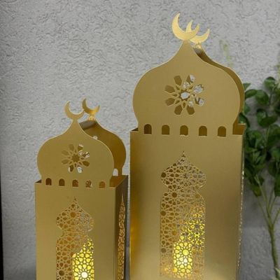 طقم فوانيس رمضان معدن مع حمالة قطعتين لون اسود - ذهبي