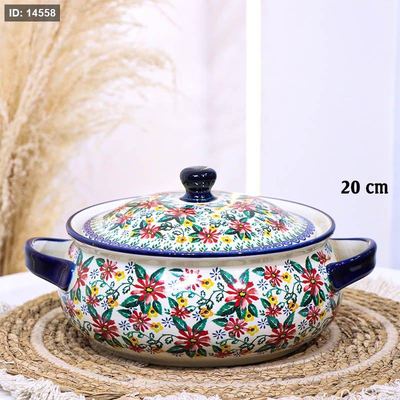 طنجرة بورسلان خزف 20سم اطار كحلي B090 وجه ورد بيج وزهري واخضر ++ZW