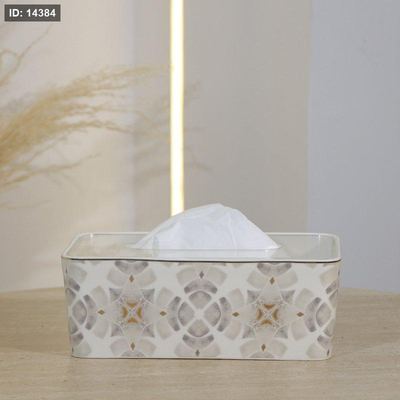 بكيت محارم مستطيل بورسلان بيج مرسم رمادي غطا خشب 5159-1934-2G ++ع.ج