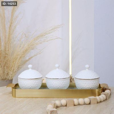 طقم/4 صينية زجاج +3 مضايف بورسلان ابيض مزخرف اسلامي HJP14-4/S-WHITE ++و