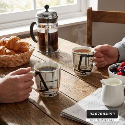 طقم كاسات ماغ بورسلان 12 قطعة ابيض مرسم خطوط N15-12