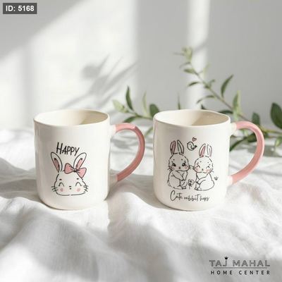 مج سيراميك أبيض برسومات أرانب لطيفة ويد بلون زهري