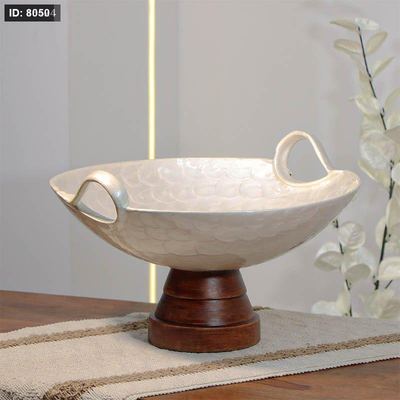 جاط فواكه تنك ابيض بيدين 32سم مدور 89333 قاعده خشب بني W هندي %ס14
