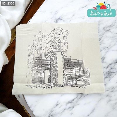 رسمة تطريز تراثية-سيدة باب البيت تحمل جرة فخار