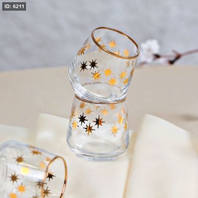 طقم كاسة ماء زمزم/6 زجاج سادة 95cc مرسم نجمة ذهبي 04/18 تركي +P1