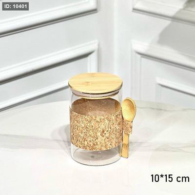 مطربان زجاج شفاف مدور 10*15سم خصر وغطا خشب بامبو مع ملعقة G++ ASC1112