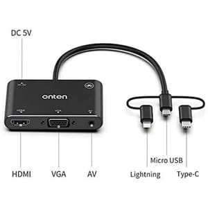 ONTEN OTN-7585B Type-C/Lightning/Micro USB To HDMI/VGA/AV Adapter - Black