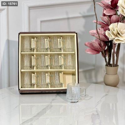 طقم كاسة شاي/12 زجاج سادة محزز بالعرض قاعدة مضلع HY-B13/B ++ع10