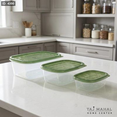 طقم علب طعام بلاستيك ثلاث قطع بأحجام مختلفة بأغطية خضراء