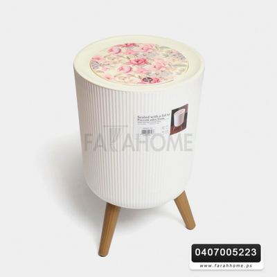 سطل مهملات كبسة برجل مدور/مربع محزز ابيض غطا مورد