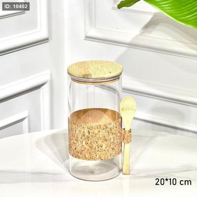 مطربان زجاج شفاف مدور 10*20سم خصر وغطا خشب بامبو مع ملعقة G++ ASC1113