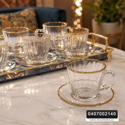 طقم كاسات شاي مع يد حز ذهبي مع استكانة 12 قطعة 6 + 6