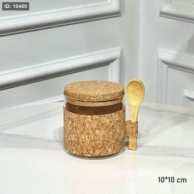 مطربان زجاج شفاف مدور 10*10سم خصر وغطا خشب مع ملعقة G++ ASC1111