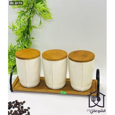 طقم سكريات بورسلان مع غطاي وصينية خشب