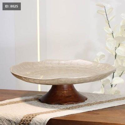 جاط فواكه معدن بيج 36سم مدور حيف هابط 89647 قاعده خشب بني B هندي %ס14
