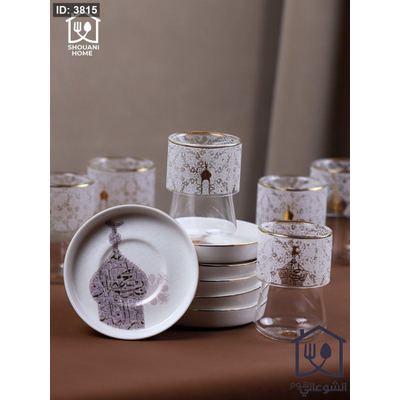 طقم 6 كاسات / استكانات شاي شفاف دبل جلاس مع 6 صحون اوف وايت حز ذهبي مرسم شكل مسجد كتابة ( بالمحبة )