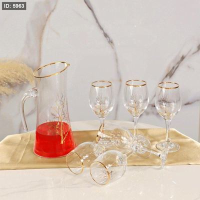 طقم/7 كوز شراب بخصر + 6كاسات زجاج سادة مرسم شجرة حيف ذهبي KX7063-7 ++ج1