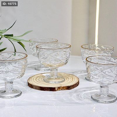 طقم صحون بوظة برجل /6 زجاج سادة محفر مكتب P6801I-6G حيف ذهبي ++1G