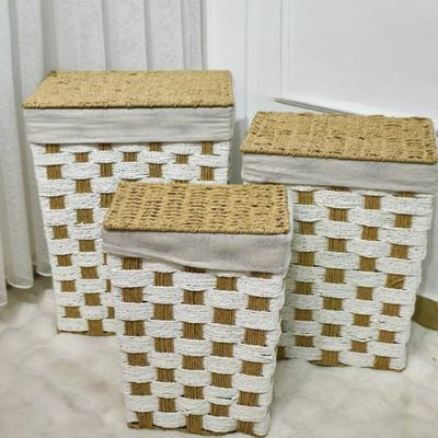 سلة غسيل مستطيل قش مجدول قماش مع غطا الحجم الكبير 50 × 40 × 30 سم