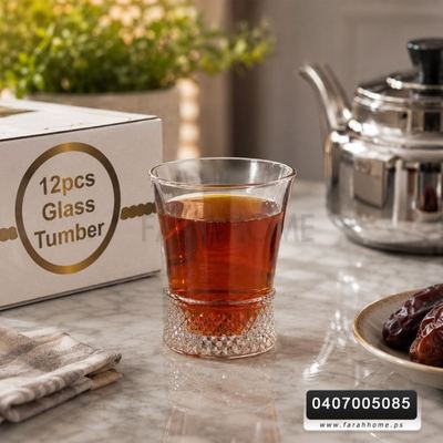 طقم كاسة عصير / شاي عدد 12 قطعة قرطوس زجاج شفاف ملس قاعدة ملس 255ML ADC7100CLEAR