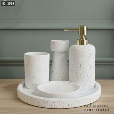 طقم صينية + 4 أدوات حمام ديكور ابيض