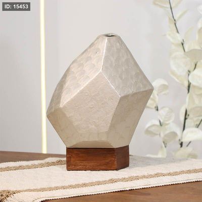 فازة تنك بيج 24سم متعدد الاوجه 89949L قاعدة خشب بني B هندي %ه14
