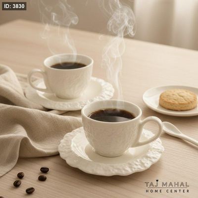 طقم فناجين قهوة بورسلان وصحون بملمس بارز ولون ابيض