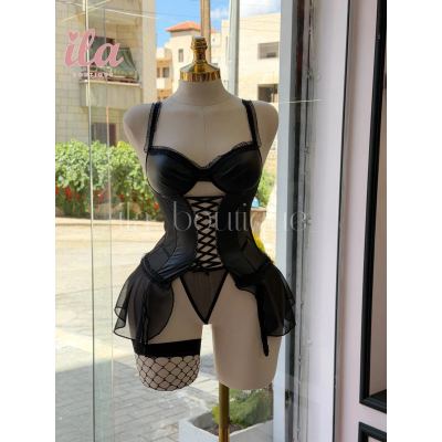 لانجري كورسيه اسود جلد