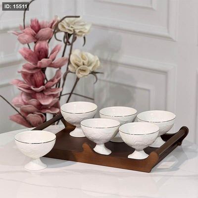 طقم/7 6صحون بوظة برجل بورسلان ابيض مزخرف ورق+صينية خشب JMD0567 ++ع6