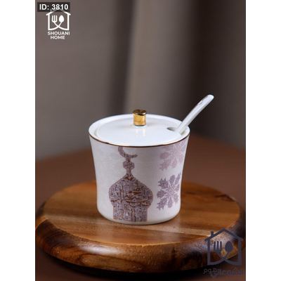 سكرية بورسلان مع معلقة وغطاء اوف وايت مع ذهبي مرسم شكل مسجد كتابة ( بالمحبة )