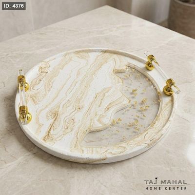 صينية تقديم دائرية بتصميم رخامي بلون أبيض وذهبي بيد جانبية اكريليك