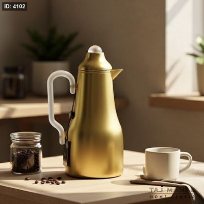 تيرموس قهوة بتصميم أنيق بلون ذهبي مع يد شفافة