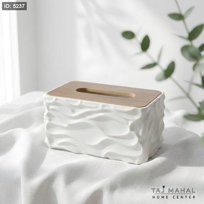 علبة محارمبلاستيكية مستطيلة بتصميم مموج ثلاثي الأبعاد وغطاء خشبي