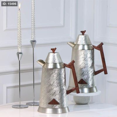 طقم /2 تيرموس قهوة + شاي بلاستك 1لتر فضي موشح يد خشبي 450458 لالوزا ++ع5