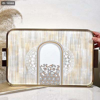 صينية مستطيل تنك ذهبي 54*32سم 4953Y-21.35-1880-2G وجه زجاج بيج موشح بيدين ++BP
