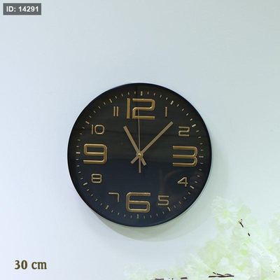 ساعة حائط مدور 30سم بلاستك اسود مكتب ارقام ذهبي EL183/3 =رم7