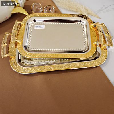 طقم صواني /2 بيضاوي حديد سلفر و ذهبي وجه وردة مبزر بيدين ASC2251 ++