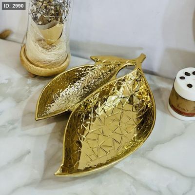 صحن ضيافة زجاج ذهبي ورقتين