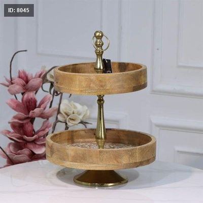 مضيفه 2 طبقه خشب مدور 89715 وجه محفر مزخرف مسكه نحاس هندي %ס15