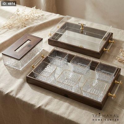 طقم ضيافة متكامل بتصميم عصري من الخشب والزجاج