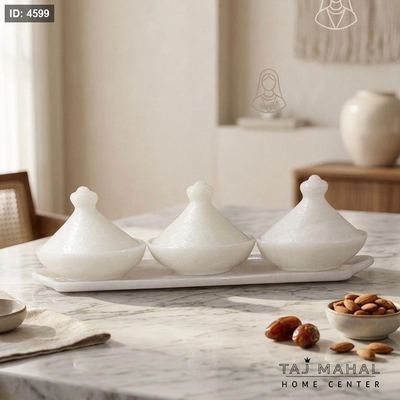 طقم صينية مع ثلاث طواجين تقديم صغيرة بولاريزم ابيض